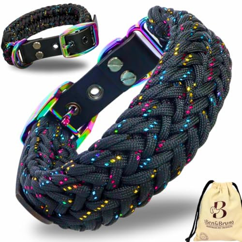 Ben&Bruno Hundehalsband | Breit & Verstellbar | 100% Handgefertigt | Robust, Sicher & Langlebig | Starkes Paracord Halsband | Halsbänder für Kleine, Mittelgroße & Große Hunde | Schwarz - L