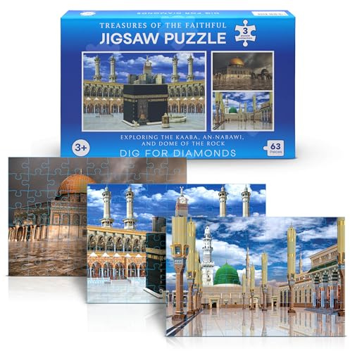 Islamic Jigsaw Puzzles for Kids and Adults 3 Pack, 63 Piece Puzzle Educational Games, Cardboard Kaaba Puzzles Gift Set for Children Kids Boys Girls with 3 Posters, Gifts for Eid Ramadan Birthday