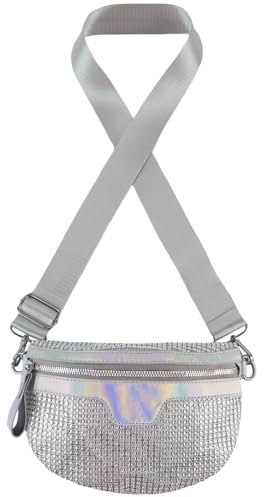 Mervokl Bauchtasche Damen Glitzer Tasche Silber Umhängetasche Klein Handtasche Elegant Schultertasche Crossbody Bag Stylisch Gürteltasche für Party Festival Freizeit Date
