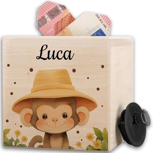 Holz Spardose Süßer Safari AFFE personalisiert I Affen Spardose Holz Kinder mit Name I Sparbüchse AFFE Taschengeld I Affen Liebhaber I Affenmotiv I Kindermotiv AFFE I Äffchen I Monkey I Safari