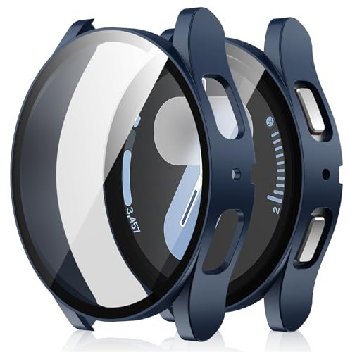 Amizee 2 Pack Funda Compatible con Samsung Galaxy Watch 7 44mm con Protector de Pantalla Cristal Templado, Carcasa Duro Ultra Delgada Anti-Rasguños para Galaxy Watch 7 (Azul/Transparente)