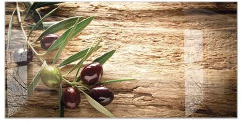 timalo Küchenbild aus Acrylglas modernes Wandbild Glasbild Deko Küche XXL Acryl-Bild wie Glas | 120x60cm Oliven altes Holz Olivenzweige, Mediterrane Küche