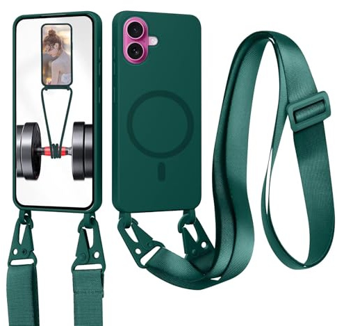 xinyunew Handykette für iPhone 16 Hülle mit Band Abnehmbar [Kompatibel mit Magsafe] Flüssig Silikon Necklace Handyhülle Magnetische Schutzhülle zum Umhängen Kordel für iPhone 16, Dunkelgrün