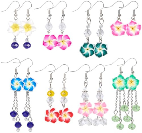 SUNNYCLUE 8 Paar Plumeria Ohrringe Für Damen Blumen Ohrhänger Für Damen Trendig 2025 hawaiianische Sommer Strand Tropenblumen Schmucksets Baumelnde Schmuckstücke Für Erwachsene Geburtstag Weihnachten