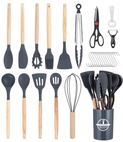 27 Piezas Utensilios de Cocina de Silicona,Gris Juego de Utensilios de Cocina de Silicona,Sin BPA,Juego Utensilios de Cocina Resistencia al Calor y Antiadherente con Cubo