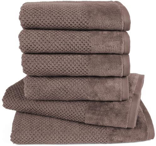Pure Label Handtuch Set 6tlg 2xDusch 4xHand Dunkelbraun | 100% Baumwolle, weich & saugstark - Waschbar bis 60∘C, trocknergeeignet