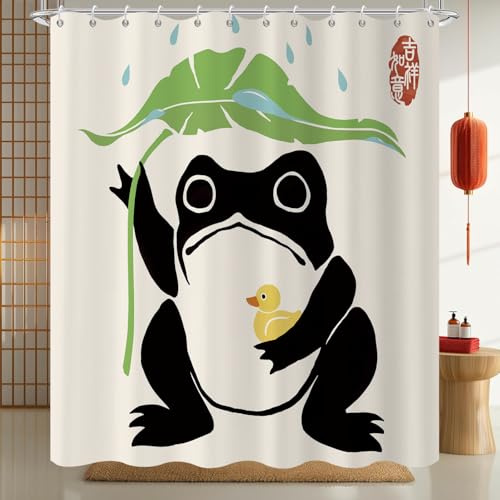 GCIREC Duschvorhang, 180x200cm, Lustiger Frosch Niedliches Lotusblatt Asiatische Japanische Kunst Wasserdichter Stoff Maschinenwaschbarer Badezimmervorhang mit Haken