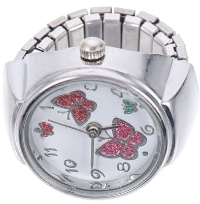 Dekorative Schmuckuhr mit Schmetterling, Silbernes Metall, Ringform | Große Ziffern, Schnell Ablesbar, Klassisch Glänzende Optik, Antike Anmutung, für Damen