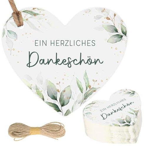 COMOOKA 50 Stück Danke Anhänger 5cm Geschenkanhänger Herz Eukalyptus für Kleines Dankeschön Geschenke Kommunion Konfirmation Taufe Gastgeschenke Hochzeit Etiketten Tags Deko