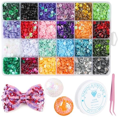 24 colori, circa 24000 pezzi di paillettes per fai da te, paillettes sfuse da 5 mm, da cucire, infilati, con scatola, filo elastico, pinzette per fai da te