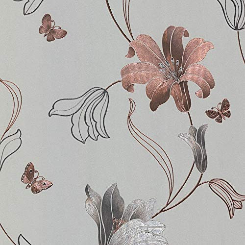 Muriva Amilia Floral Flowers Metallic Butterfly Butterflies Wallpaper Embossed Vinyl Foiled 10m Roll [Stone Rose Gold 701410]
