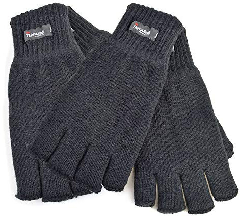 HeatGuard 2 Paar Herren Fingerlose Handschuhe Schwarz Thermo 3M Thinsulate Futter Dick Stretch Wintersport - Schwarz, M/L