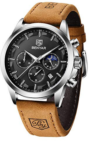 BENYAR Uhr Herren Chronograph Analogue Quartz Uhr Männer Business Schwarz Zifferblatt Leder Armbanduhr 30ATM Wasserdicht Date Armbanduhr