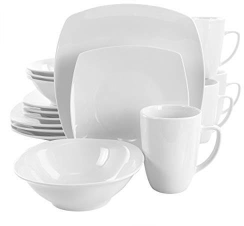 Elama Fine Dish - Juego de vajilla de porcelana (16 piezas, 2 unidades), color blanco