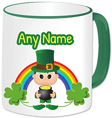 GOPERSONALISED St Patricks Day Irish Gifts - Personalised Leprechaun Mug Ceramic Name Cup - Rainbow Lucky Shamrock Ireland Good Luck Gifts Idea for Men Boys (Brown Hair Male/Green Mug)
