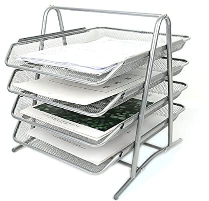 Wire Mesh Letter Tray 4 Tier Filing Trays Holder Office Desktop Document A4 Paper File Storage Desk Organiser Mesh Filling Home Office School Scratch-resistant Stacking Supports Silver