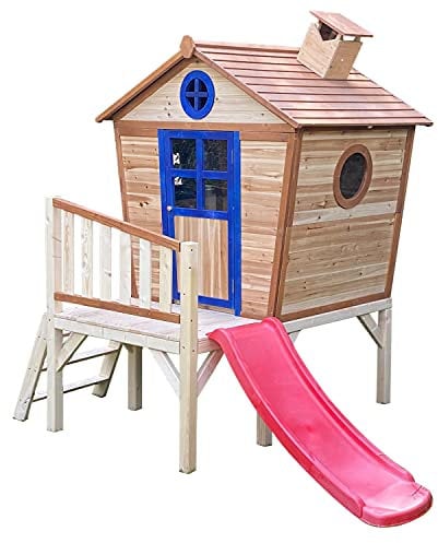 Big Game Hunters Redwood Tower Colour Stained Wooden Playhouse with Slide and Platform for Children