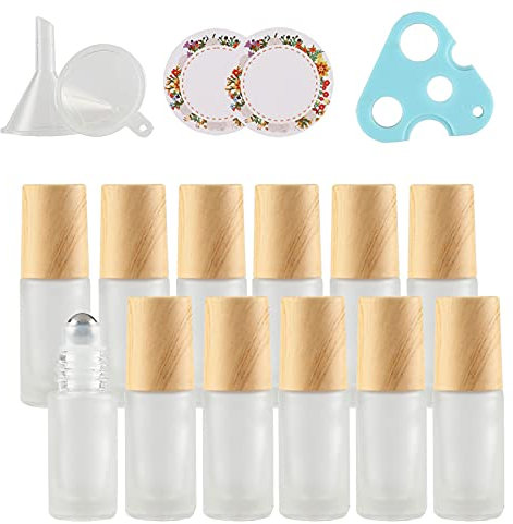 ZEOABSY Opaco Trasparente Vetro Essential oil Roller Bottiglie con sfere in acciaio inox, 5 ml 24 Pezzi Roll-On Bottiglietta per aromaterapia, fragranza + 1 x Opener, 3 x imbuto, 24 x etichette
