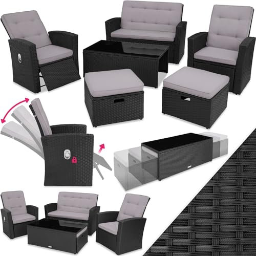 TecTake® Salon de Jardin Exterieur Lounge en Poly Rotin 6 Places 1 Canapé 2 Fauteuil Salon 2 Tabouret Pouf et 1 Table de Jardin, Dossier inclinable Mobilier de Jardin pour Amenagement Balcon