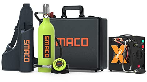 SMACO Mini Bouteille de Plongée Kit 1L Réservoirs de Plongée Support 15-20 Mins Respiration équipement Réservoir d'oxygène de Plongée pour Travail sous-Marin/Bouteille de Rechange, Forfait D(Vert)