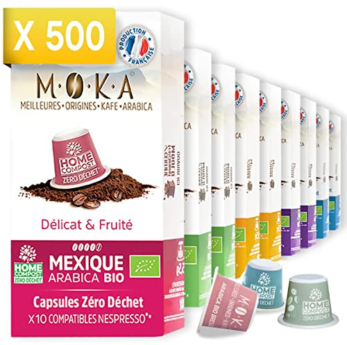 MOKA 500 Capsules Bio Compostables 100% Pur Arabica Mexique Honduras Ethiopie Brésil Pérou- Compatible avec les machines à Capsules Nespresso - Intensité 6-8 - Home Compost - Torréfié en France…