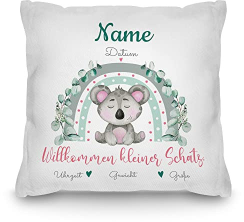 PR Print Royal Kissen mit Füllung - mit Geburtsdaten Personalisieren - Wilkommen Kleiner Schatz - Koala - Geschenke zur Geburt, Geschenkideen Geburt | inkl. Kissenfüllung, Rückseite Weiß, 40x40cm