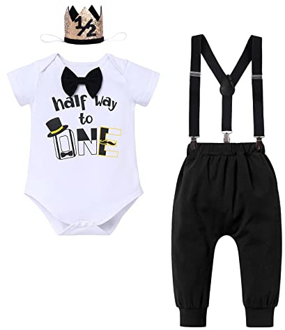 Baby Boy Half Birthday Outfit - Black Bow Tie Bodysuit Romper +Long Pants + Y-back suspender+1/2 Birthday Hat Gentleman Clothes 6 Months Birthday Smash Cake Photoshoot Outfit Black-pants 6 Months