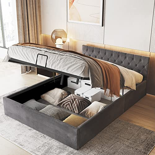 VORAE Bett mit Bettkasten Samt-Stoff Polsterbett Lattenrost Doppelbett Stauraum Holzfuß, Grau, 140 x 200 cm