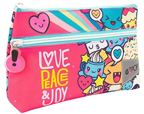 Go Pop - Astuccio con 2 Tasche Love&Peace - Bustina per la Scuola per Cancelleria, Con Comoda Tasca Frontale, 22 l x 14 h x 6 p cm