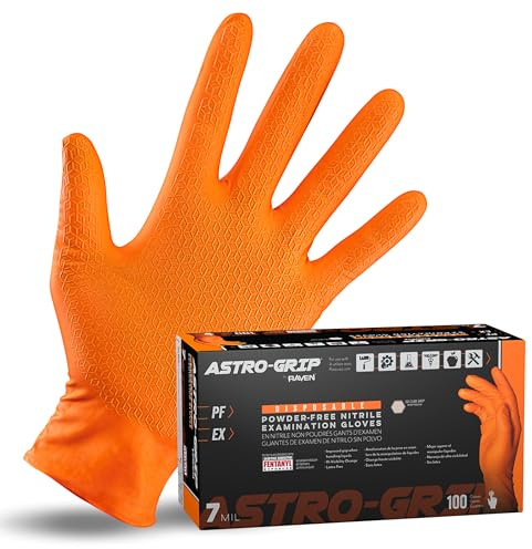 Astro-Grip Powder-Free Exam Grade Nitrile Disposable Gloves. Size X-Large, Orange, 7 mil Thickness. Chemical and Puncture Resistant. Single-Use. Pack of 100. (66474)