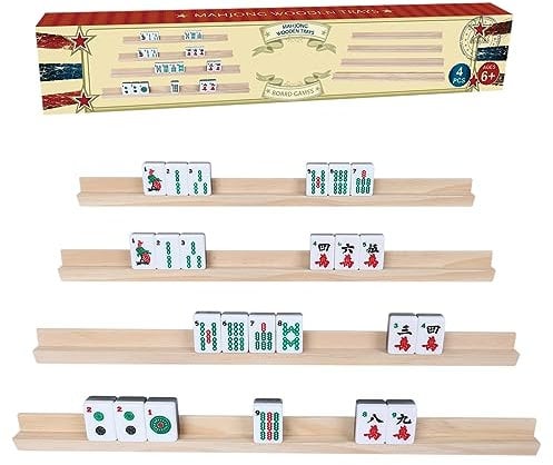 GOTHINK Wooden Mahjong Tiles Trays/Racks/Holders Set of 4, Upgrade Your Mahjong Game, Racks for Mahjong, Mexican Train, Dominoes, and More (Racks Only)