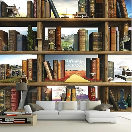 ADENLA Vintage Tapete Kreatives Buch Regal Foto Wand Wandmalereien Modernes Wohnzimmer Studie Hintergrund Dekor Tapete für Wände 3 D Wandbild -400X280cm