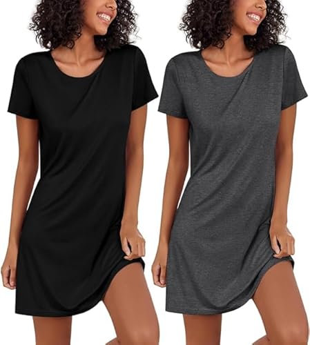 Ekouaer Ladies Nightshirts Womens Pack of 2 Short Sleeved Short Sleeve Nighties for Women Nightshirt Night Dress Ladies Nighties, Black+Grey, L