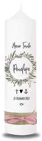 VILLA ROSA LOTTA - Personalisierbare Taufkerze Kommunionkerze Penelope mit Wunschdaten und Rückseite I Blumen Kranz Motiv I 25 cm x 7 cm I Taufkerzen für Jungen und Mädchen I Farbe elfenbein weiß