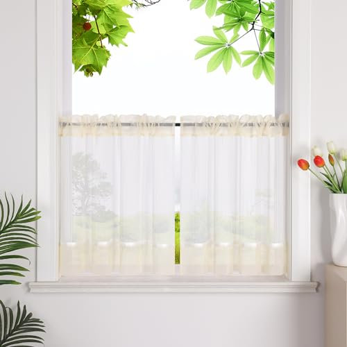HeichkelL Scheibengardinen mit Streifen Küche Kurzstores Leinenoptik Bistrogardine Kleinfenster Gardine Beige mit Tunnelzug HxB 60x145cm 1 Stück