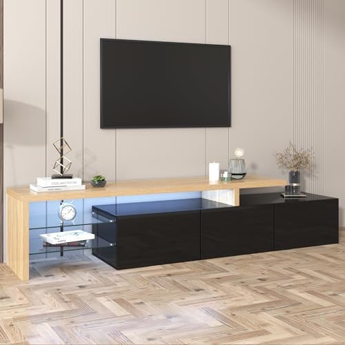 Azkoeesy Mueble para TV de 200 cm, color negro brillante, con iluminación LED, mueble para TV, mueble bajo para TV, mueble de TV, mueble de salón, con estante de cristal y 3 puertas, color negro