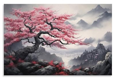 EPEDIC Wunderschöner Kirschbaum, Leinwand-Kunst, Vintage, Berg, Natur, Blumengemälde, Poster, gerahmtes Kunstwerk für Schlafzimmer, Wohnzimmer, Büro, Wanddekoration