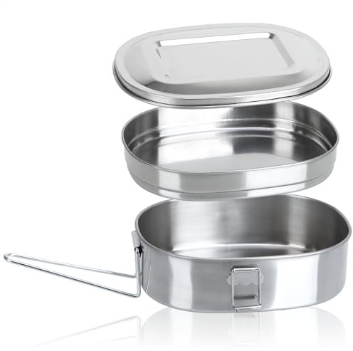 com-four® Lunch-Box aus rostfreiem Edelstahl - 1,2 Liter Proviantdose mit 2 getrennten Fächern und Deckel - Brotdose für unterwegs - Lunchbehälter mit Haltebügel - Brotbüchse (Edelstahl - Bügel)
