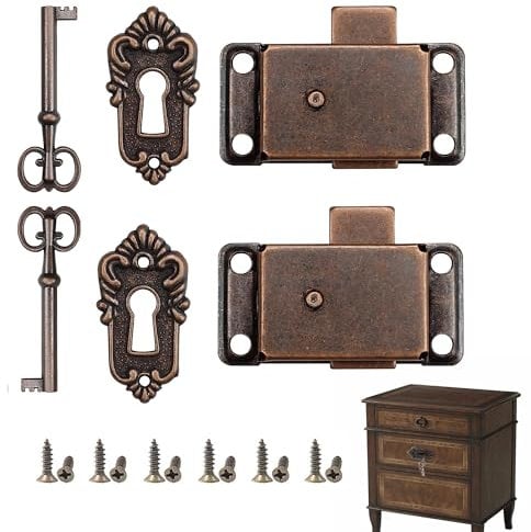Lot de 2 serrures de porte d'armoire vintage – Design rétro classique antique avec clé – Patine rouge – Installation facile – Pour armoires, tiroirs, boîtes