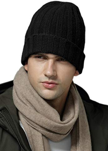 Prettystern Gestrickte Kaschmir Herren Damen Mütze 100% Cashmere Rand Gefaltet Streifenmuster Km14 Schwarz