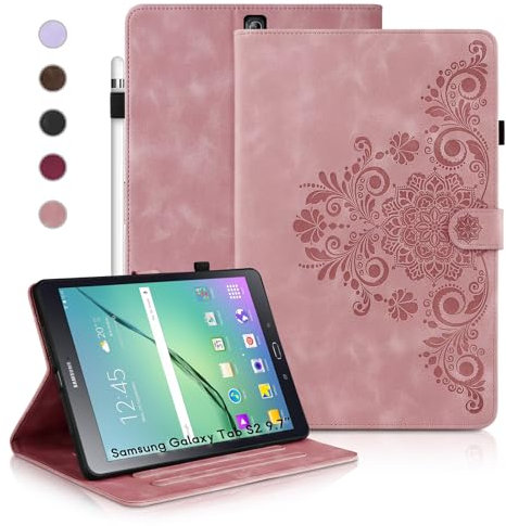 Auslbin Custodia per Samsung Galaxy Tab S2 9.7 (2015), Cover Protettive Retrò Tab S2 9.7 T810/T813 in Tinta Unita in Rilievo, Design con Fibbia Magnetica, Funzione Supporto, Rosa