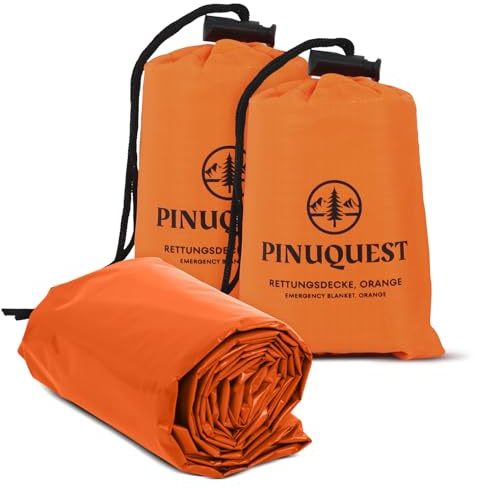 PINUQUEST Lot de 2 couvertures de survie 26 microns – Couverture de premiers secours extra épaisse et robuste pour l'extérieur, la survie, le camping, la randonnée | Imperméable et coupe-vent (210 ×