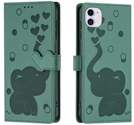 Wuhaizher for iPhone 11 Case Elephant Love Heart Shockproof Leather Flip Wallet Phone Case for Kids Girls with Card Holder Stand Magnetic Protect Cover for iPhone 11, Green