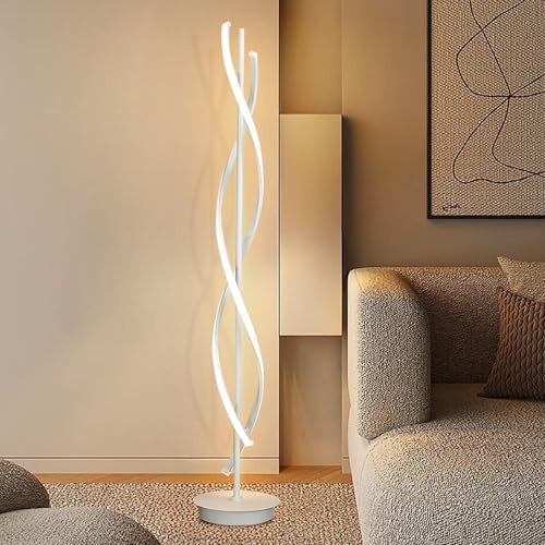 LED Stehlampe, Stehlampe Wohnzimmer Dimmbar,155cm 52W Schwarz Standleuchte mit Fernbedienung, Stehlampen Spiral LED Dimmbar, Standleuchte Leselampe für Deko Schlafzimmer Kinderzimmer (White)