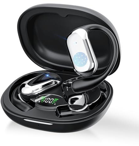 EUQQ Open Ear Bluetooth 5.4 Auricolari, Cuffie Senza Fili Sopra L'orecchio Sport Auricolari per il Fitness di Corsa, 50 Ore di Riproduzione con Cassa di Ricarica Display a LED, IPX7 impermeabile, Nero