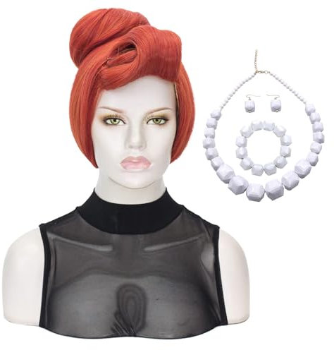 Orange Damen Perücke mit Steinzeit Halskette Ohrringe Armband Dekoration Cosplay Charakter Kurze Rot Retro Perücke für Halloween Karneval Fasching