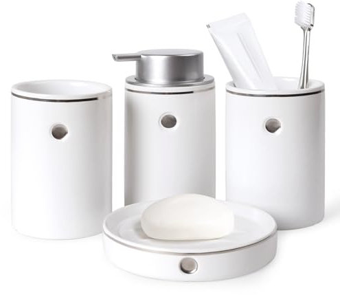 BosilunLife Badezimmer Set Keramik, 4 Teiles Badezimmer Zubehör Set, Badezimmer Organizer mit Seifenspender, Seifenschale, Zahnbürstenhalter*2, Hochwertiges Badezimmer Deko Set (Weiß mit Silver)