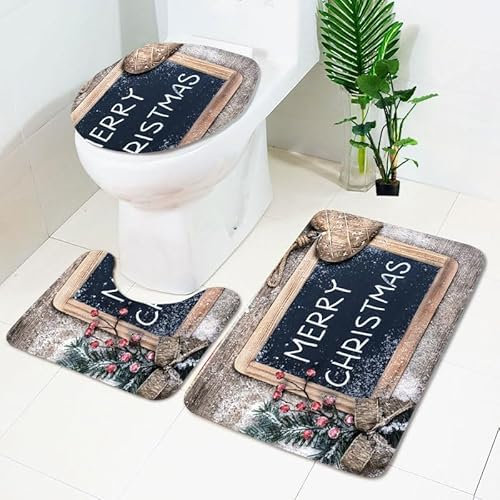 Bad Teppiche Set Blaugraues Holz Badezimmerteppich Waschbar WC Vorleger mit Ausschnitt und WC Deckelbezug 3 Teilig Badematte rutschfest Toilettensitzbezug Badgarnitur 45x75 cm