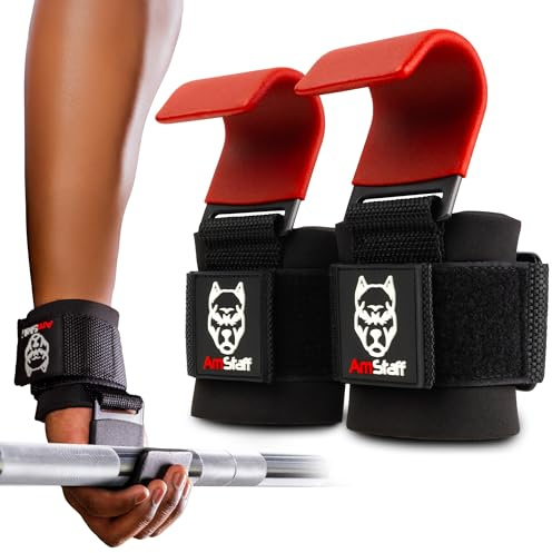 AmStaff Fitness Ganchos de levantamiento de pesas (par, rojo) – Correas de muñeca de gimnasio con ganchos de acero para levantamiento de pesas, dominadas, peso muerto, entrenamiento de fuerza y