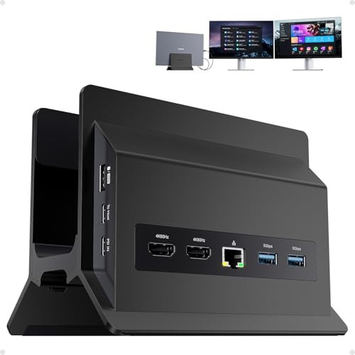 PULWTOP USB-C-Dockingstation für Dual Monitore, vertikaler Laptop-Dockingstation-Ständer mit 2 HDMI 4K 60 Hz, 3X USB A/C 10 Gbit/s, 2 USB A 5 Gbit/s, Ethernet für Windows und ChromeOS (Schwarz)